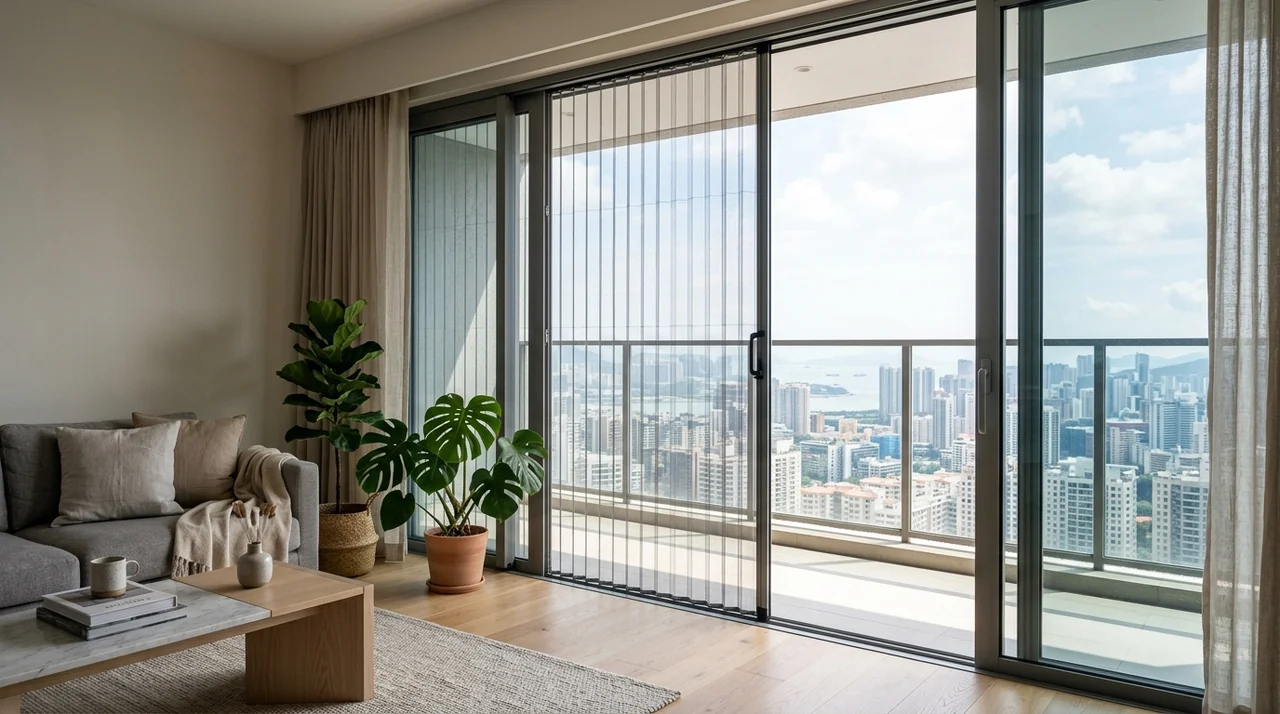 Modern living room with mosquito net sliding door in Kolkata